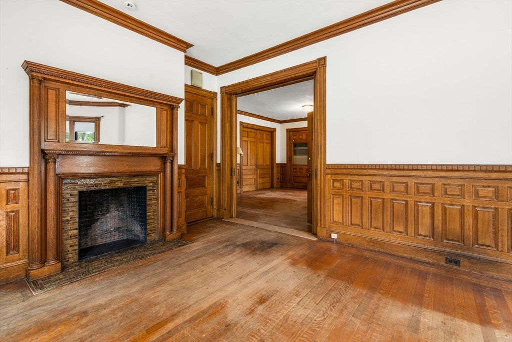 Empty room, Fireplace, Interior, Wood Texture Flooring, Wooden Walls