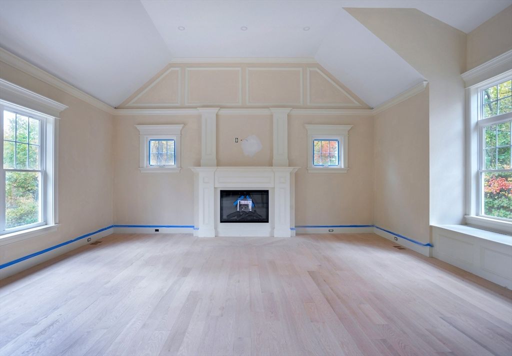 Empty room, Fireplace, Interior, Recessed Lighting, Wood Texture Flooring