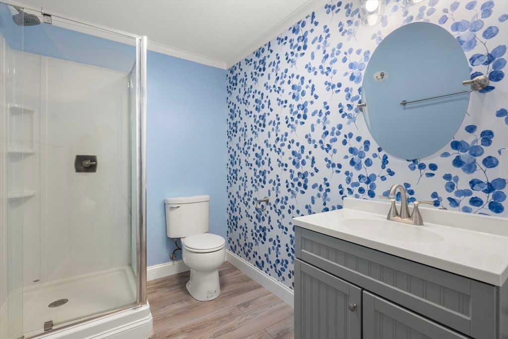 Bathroom, Glass Shower, Interior, Wood Texture Flooring