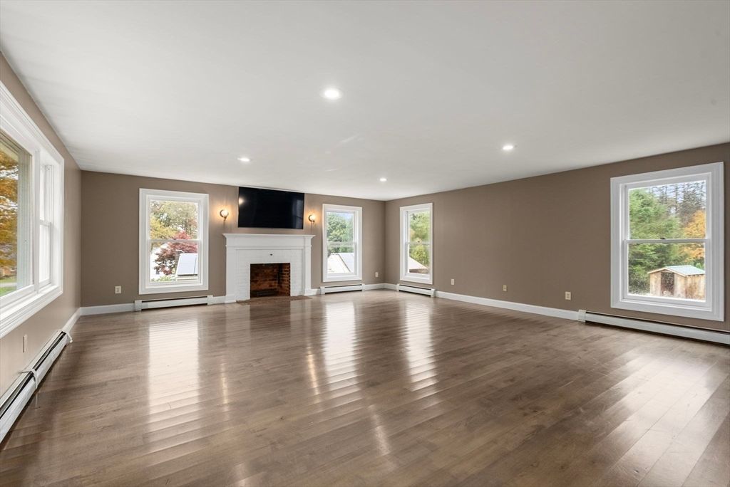 Empty room, Fireplace, Interior, Recessed Lighting, Wood Texture Flooring
