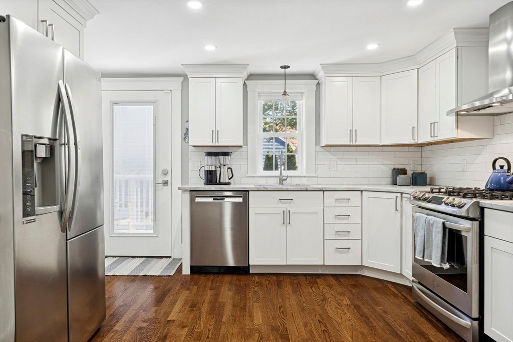 Interior, Kitchen, Pendant Lights, Recessed Lighting, Stainless Steel Appliances, Wood Texture Flooring