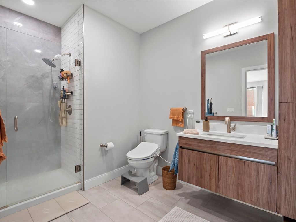 Bathroom, Glass Shower, Interior, Recessed Lighting, Wood Texture Flooring