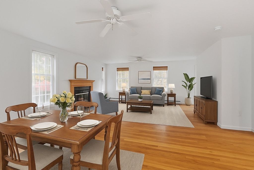Dining room, Fireplace, Interior, Living room, Wood Texture Flooring