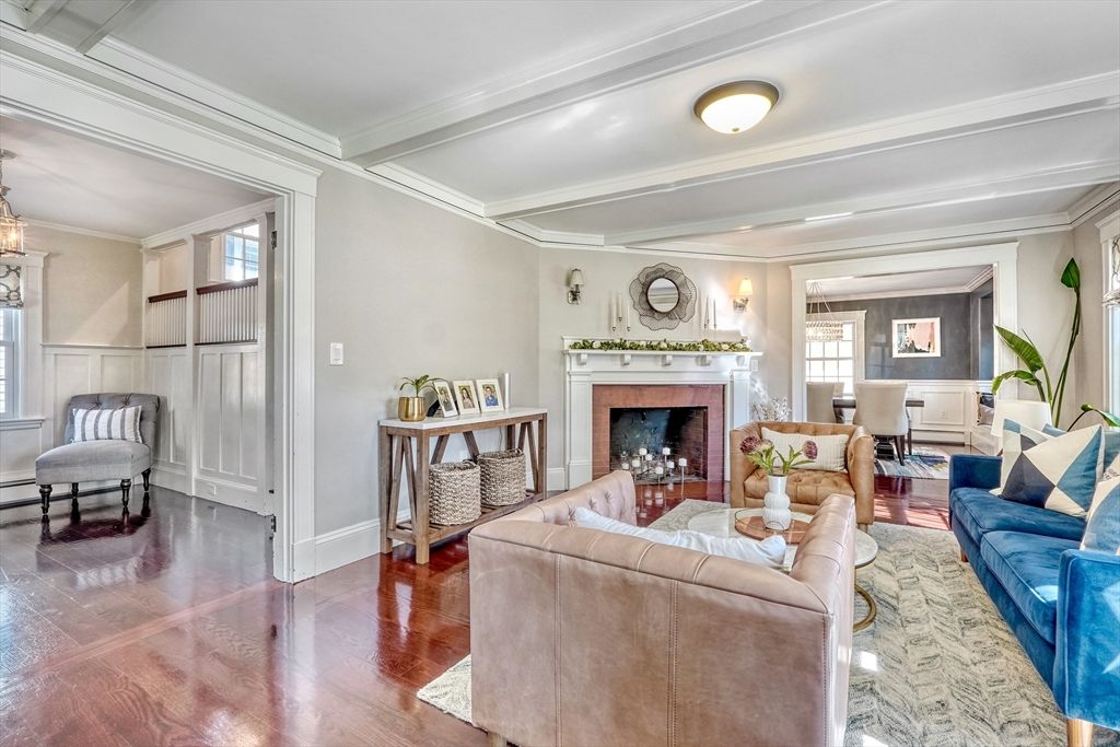 Fireplace, Interior, Living room, Pendant Lights, Wood Texture Flooring