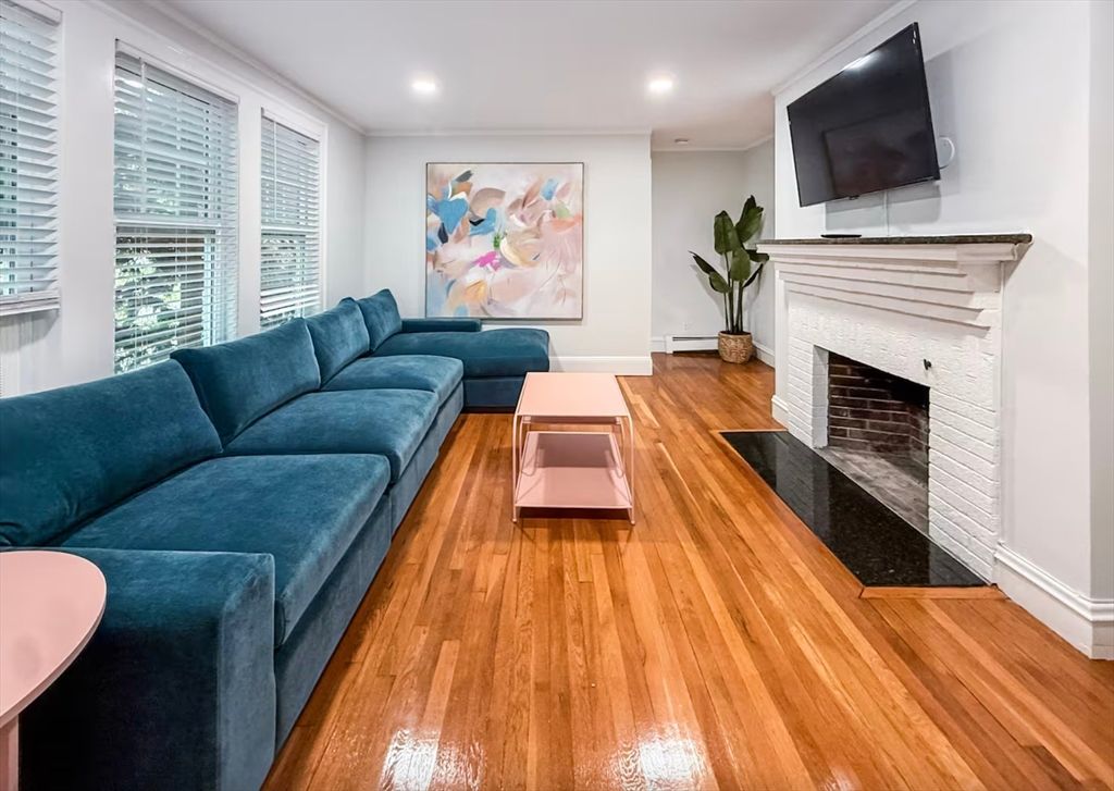 Fireplace, Interior, Living room, Recessed Lighting, Wood Texture Flooring