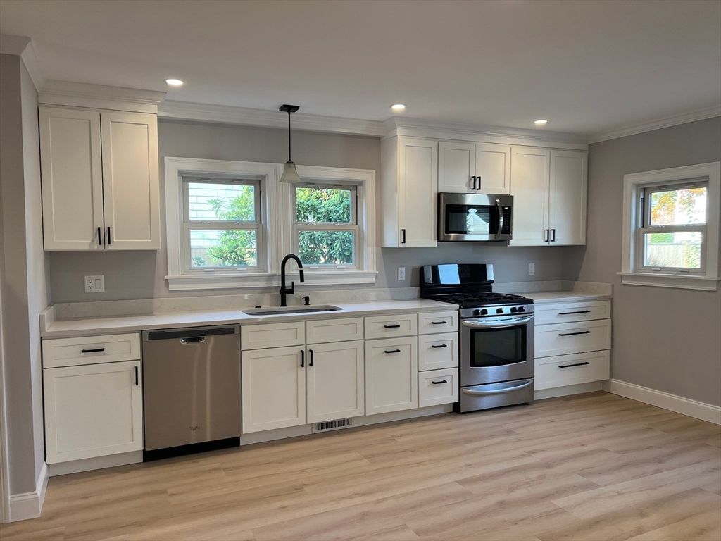 Interior, Kitchen, Pendant Lights, Recessed Lighting, Stainless Steel Appliances, Wood Texture Flooring