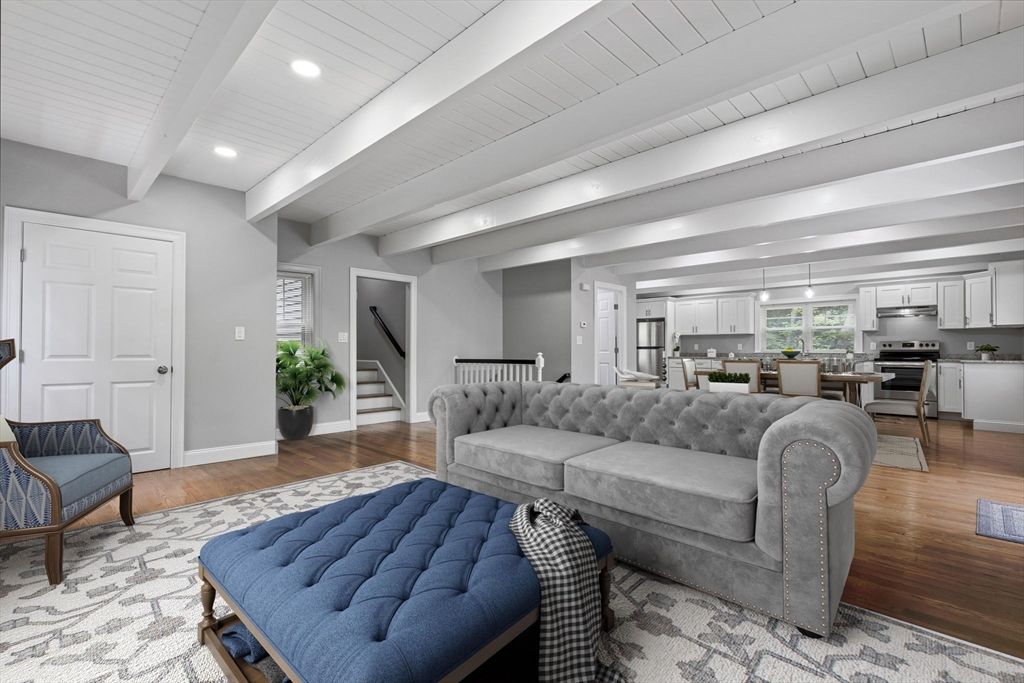 Dining room, Interior, Kitchen, Living room, Recessed Lighting, Stainless Steel Appliances, Wood Texture Flooring