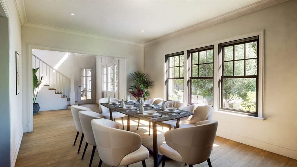 Dining room, Interior, Recessed Lighting, Wood Texture Flooring
