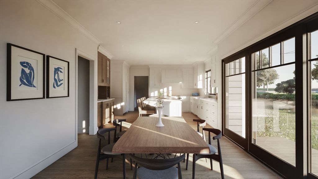 Dining room, Interior, Recessed Lighting, Wood Texture Flooring