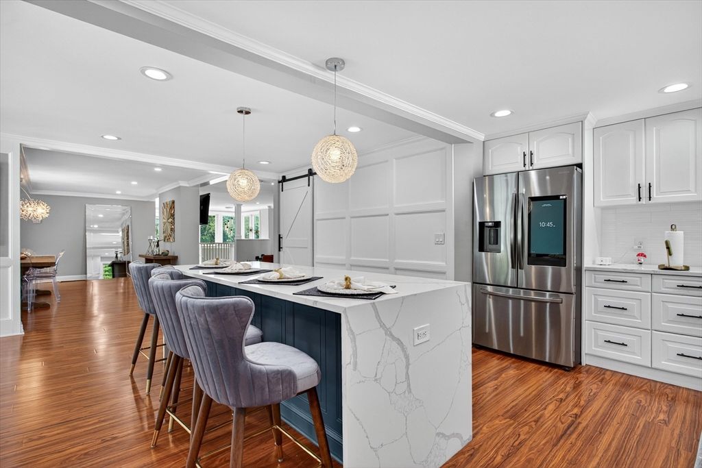 Interior, Kitchen, Pendant Lights, Recessed Lighting, Stainless Steel Appliances, Wood Texture Flooring
