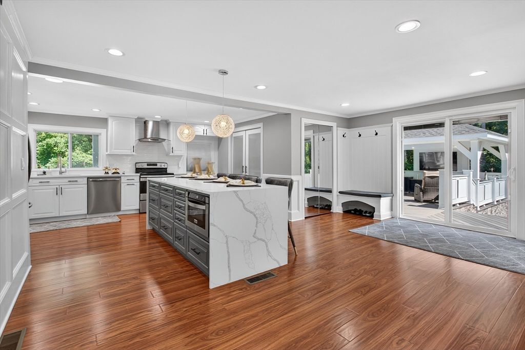 Interior, Kitchen, Pendant Lights, Recessed Lighting, Stainless Steel Appliances, Wood Texture Flooring