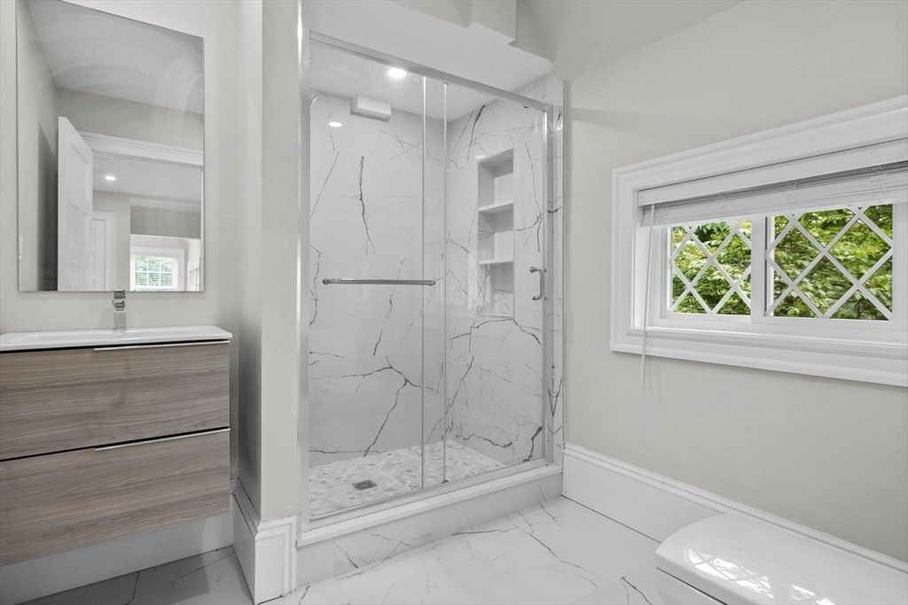 Bathroom, Glass Shower, Interior, Marble, Marble Walls, Recessed Lighting