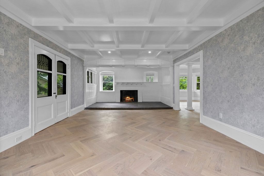 Empty room, Fireplace, Interior, Recessed Lighting, Wood Texture Flooring