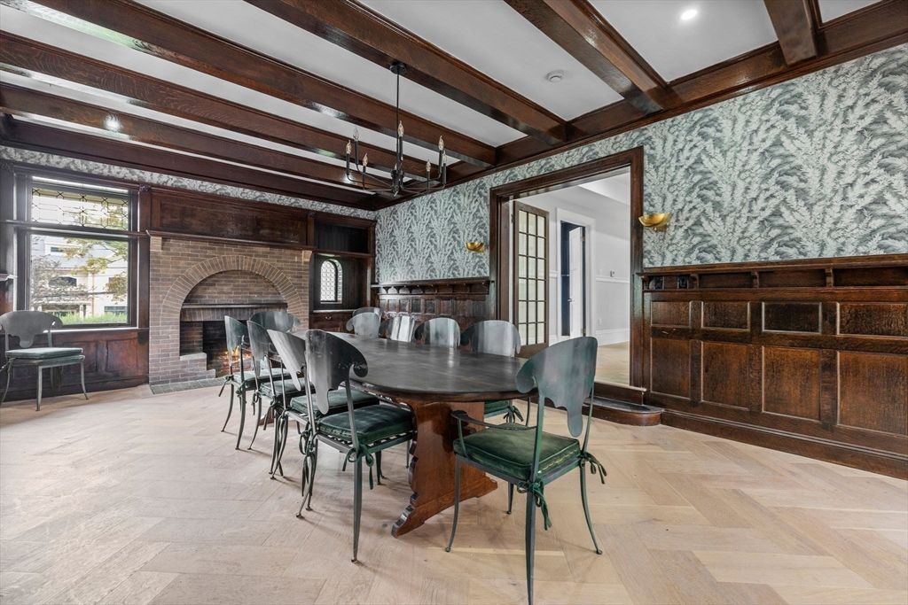 Dining room, Fireplace, Interior, Recessed Lighting, Stone Walls, Wooden Beams, Wood Texture Flooring