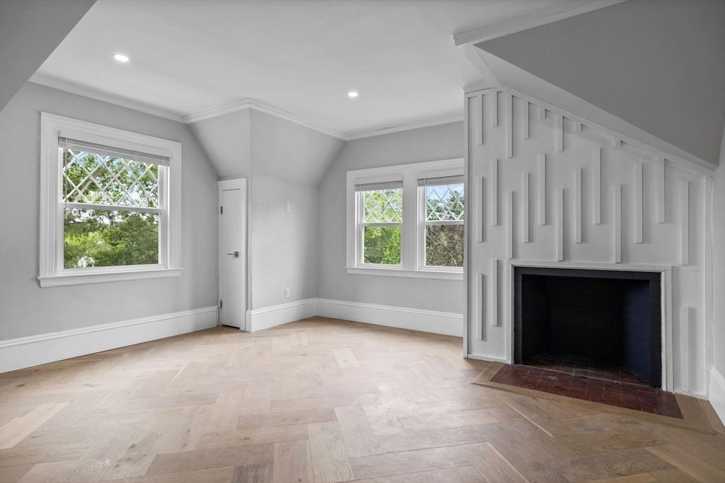 Empty room, Fireplace, Interior, Recessed Lighting, Wood Texture Flooring