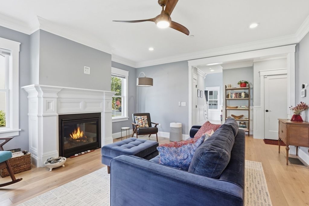 Fireplace, Interior, Living room, Recessed Lighting, Wood Texture Flooring