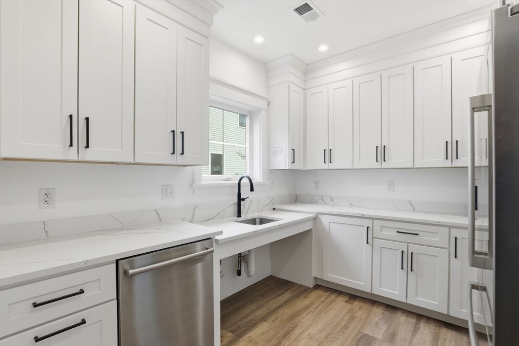Interior, Kitchen, Recessed Lighting, Stainless Steel Appliances, Wood Texture Flooring