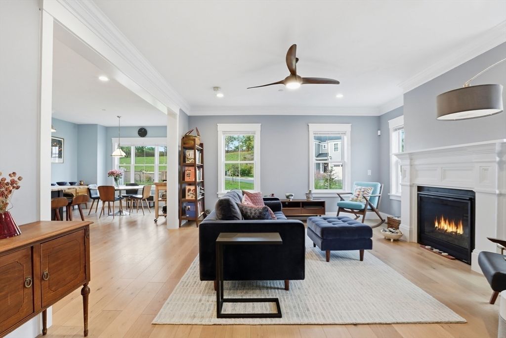 Dining room, Fireplace, Interior, Living room, Pendant Lights, Recessed Lighting, Wood Texture Flooring