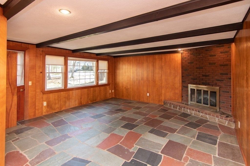 Empty room, Fireplace, Interior, Recessed Lighting, Stone Walls, Wooden Walls