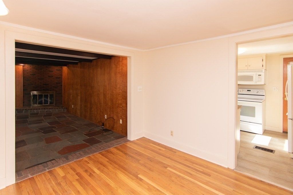 Empty room, Fireplace, Interior, Kitchen, Stone Walls, Wood Texture Flooring