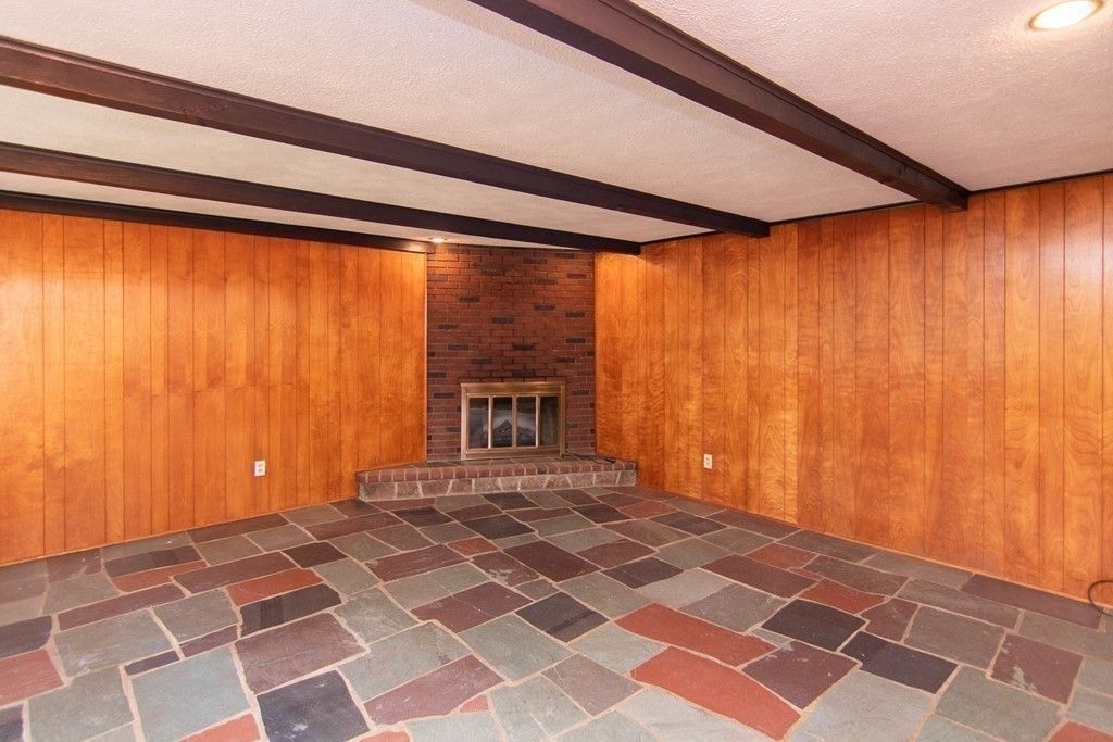 Empty room, Fireplace, Interior, Recessed Lighting, Stone Walls, Wooden Beams, Wooden Walls