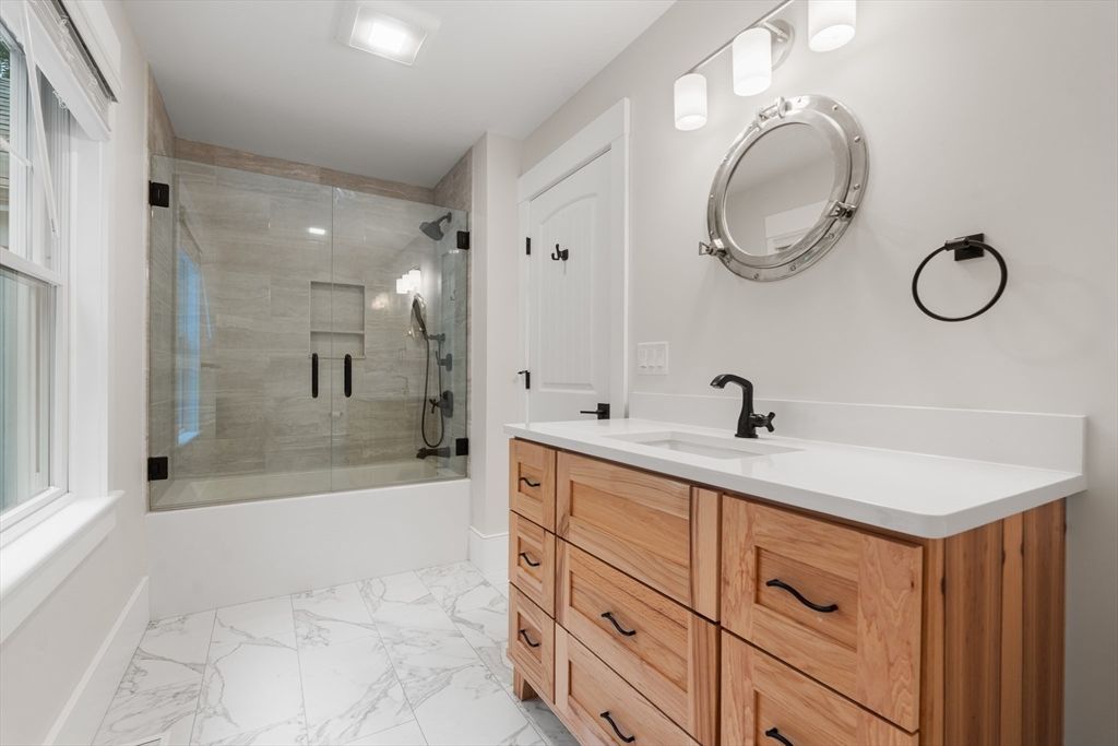 Bathroom, Dual Sink Vanities, Glass Shower, Interior, Marble, Recessed Lighting