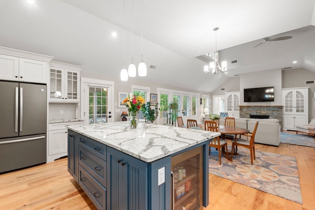 Dining room, Fireplace, Interior, Kitchen, Living room, Pendant Lights, Recessed Lighting, Wood Texture Flooring