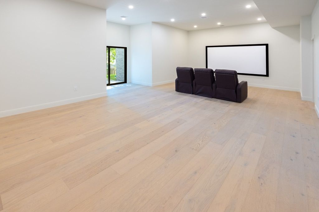 Empty room, Interior, Projection Screen, Recessed Lighting, Wood Texture Flooring