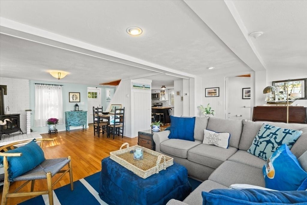 Dining room, Fireplace, Interior, Kitchen, Living room, Recessed Lighting, Wood Texture Flooring