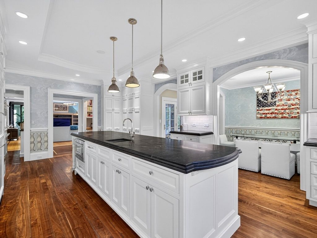 Chandelier, Interior, Kitchen, Pendant Lights, Recessed Lighting, Wood Texture Flooring