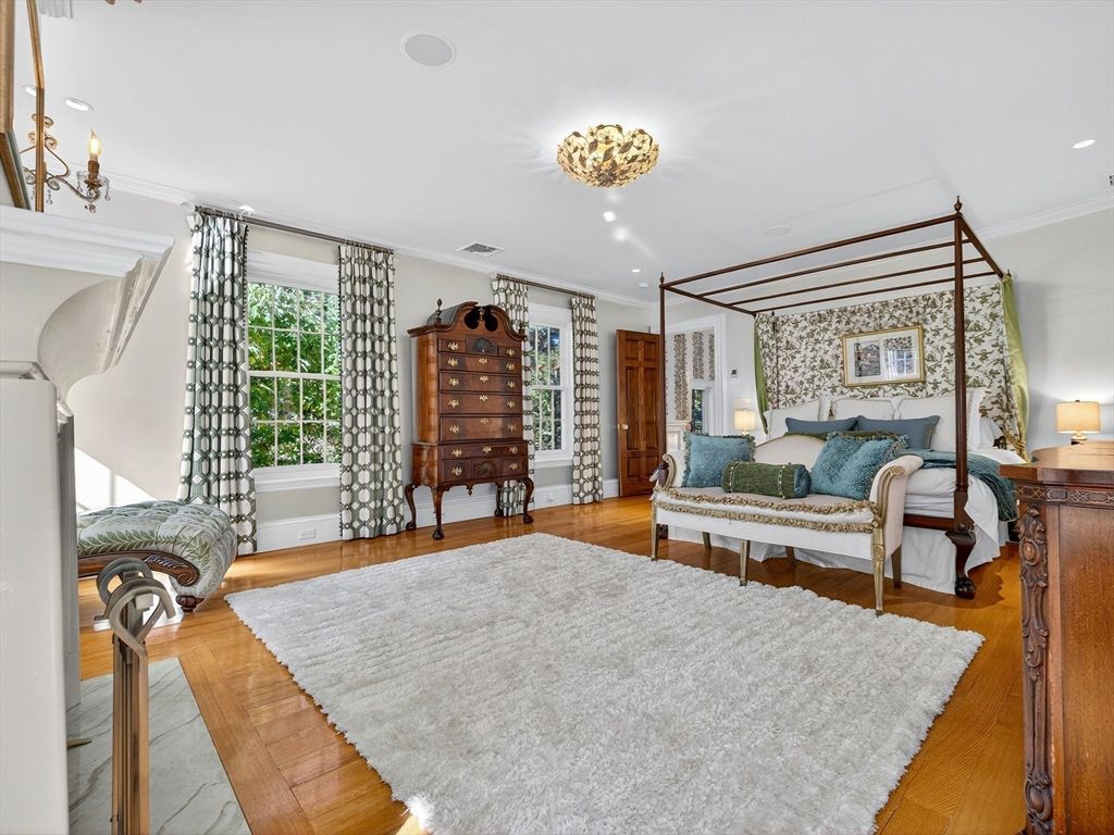 Bedroom, Chandelier, Fireplace, Interior, Recessed Lighting, Wood Texture Flooring