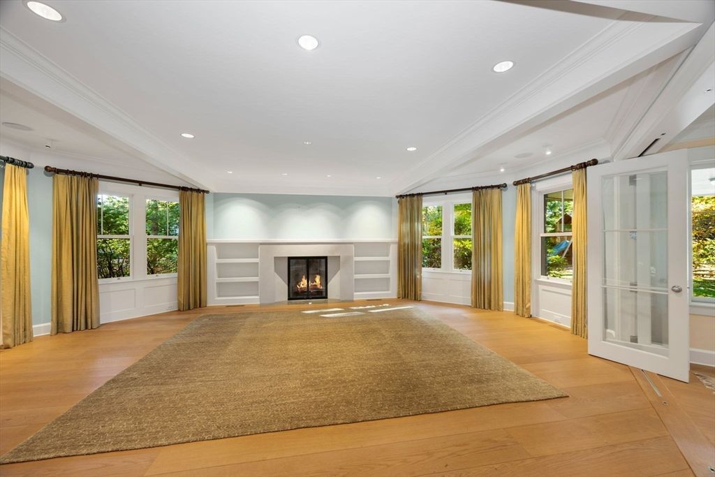 Empty room, Fireplace, Interior, Recessed Lighting, Wood Texture Flooring