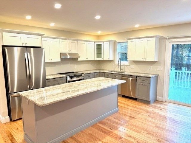 Interior, Kitchen, Recessed Lighting, Stainless Steel Appliances, Wood Texture Flooring