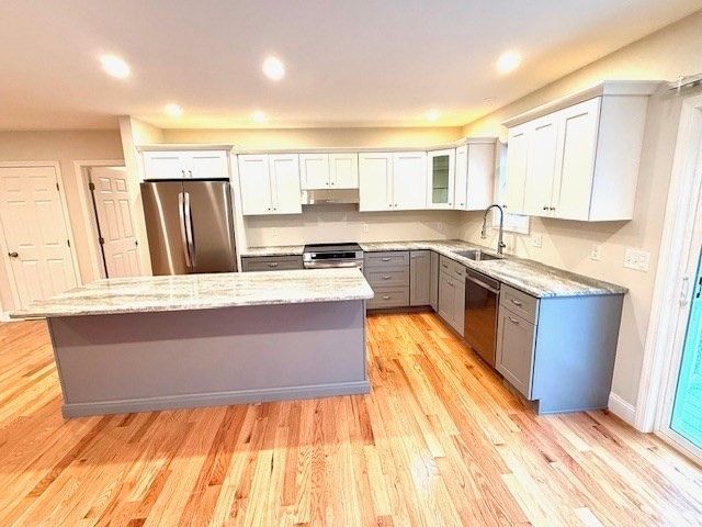 Interior, Kitchen, Recessed Lighting, Stainless Steel Appliances, Wood Texture Flooring