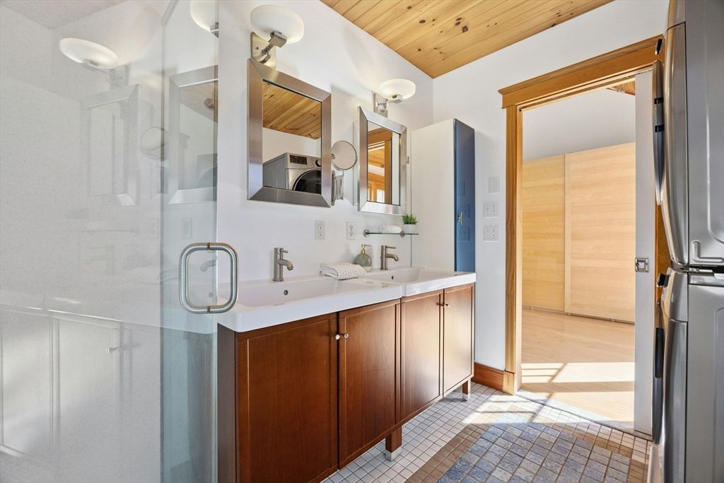 Bathroom, Dual Sink Vanities, Glass Shower, Interior, Wooden Ceilings