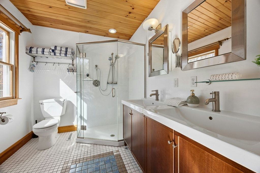 Bathroom, Dual Sink Vanities, Glass Shower, Interior, Recessed Lighting, Wooden Ceilings