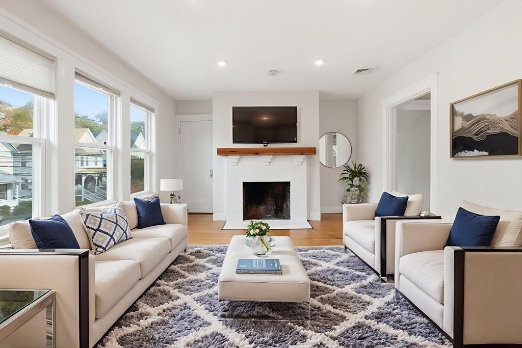 Fireplace, Interior, Living room, Recessed Lighting, Wood Texture Flooring