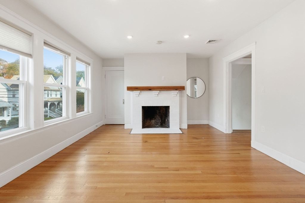 Empty room, Fireplace, Interior, Recessed Lighting, Wood Texture Flooring