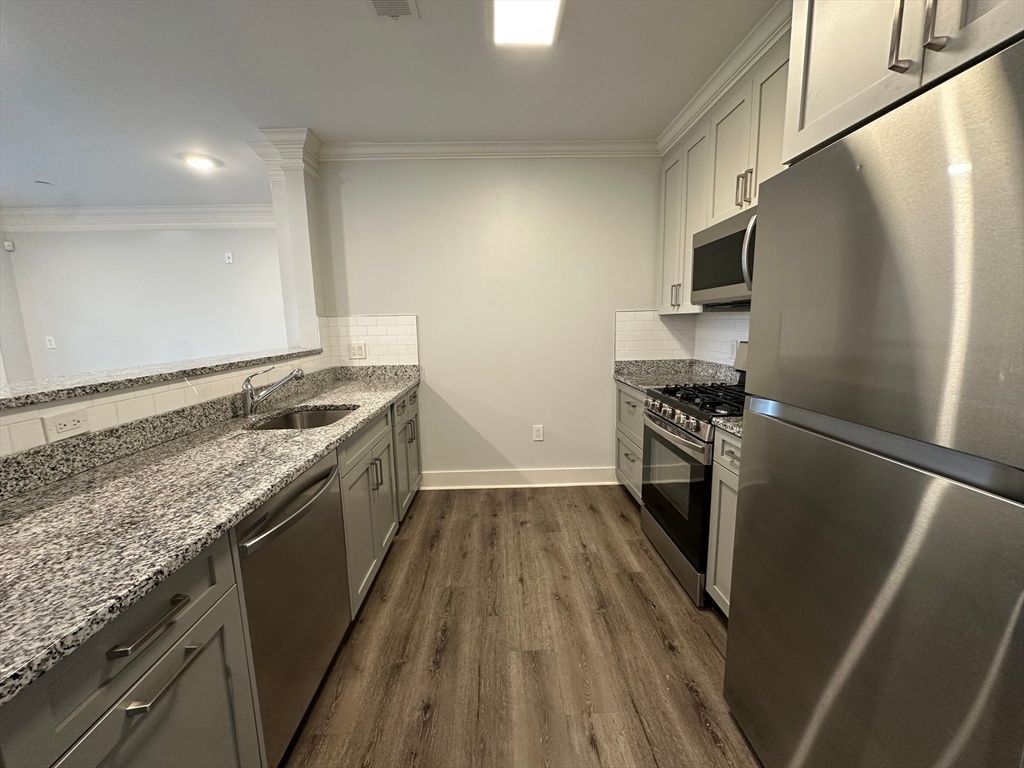 Interior, Kitchen, Recessed Lighting, Stainless Steel Appliances, Wood Texture Flooring