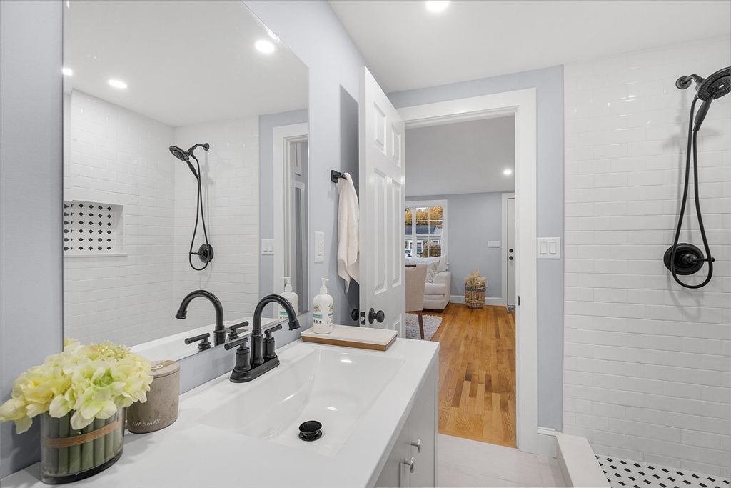 Bathroom, Dual Sink Vanities, Interior, Recessed Lighting, Wood Texture Flooring