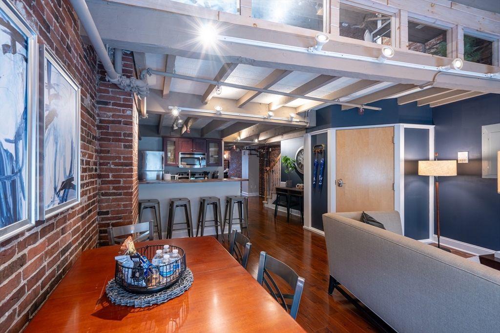 Dining room, Interior, Kitchen, Stainless Steel Appliances, Stone Walls, Wood Texture Flooring
