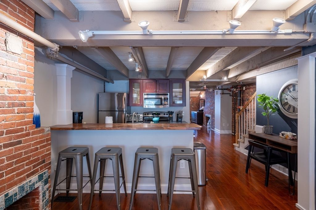 Interior, Kitchen, Stainless Steel Appliances, Stone Walls, Wood Texture Flooring