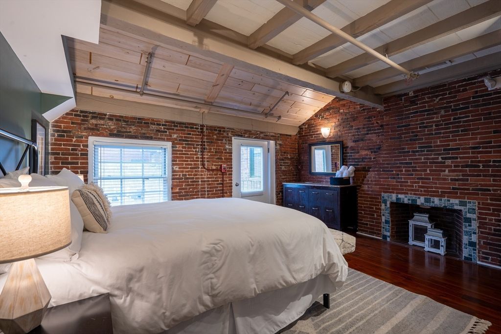 Bedroom, Fireplace, Interior, Stone Walls, Wood Texture Flooring