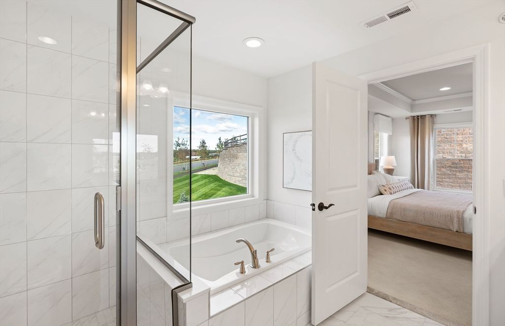 Bathroom, Bedroom, Glass Shower, Interior, Marble, Marble Walls, Recessed Lighting