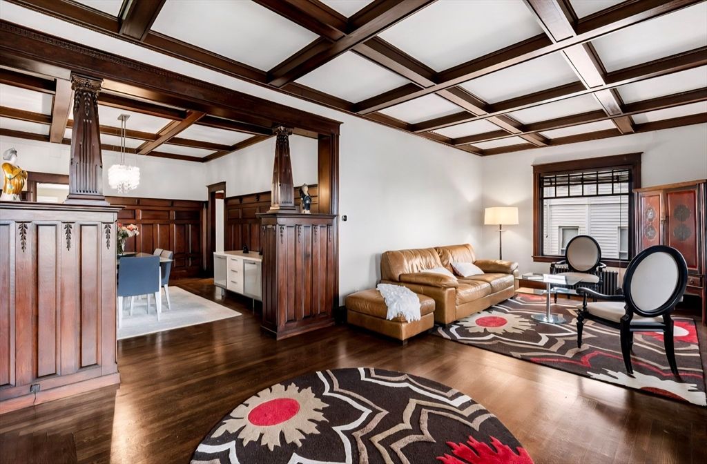 Chandelier, Interior, Living room, Wooden Beams, Wood Texture Flooring
