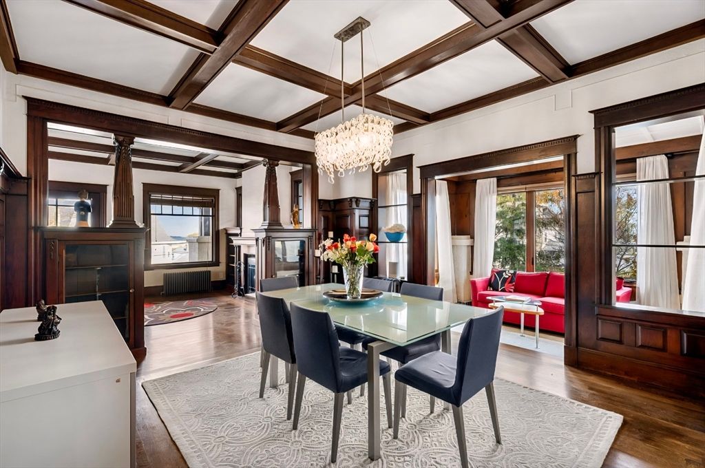 Chandelier, Dining room, Fireplace, Interior, Wooden Beams, Wood Texture Flooring