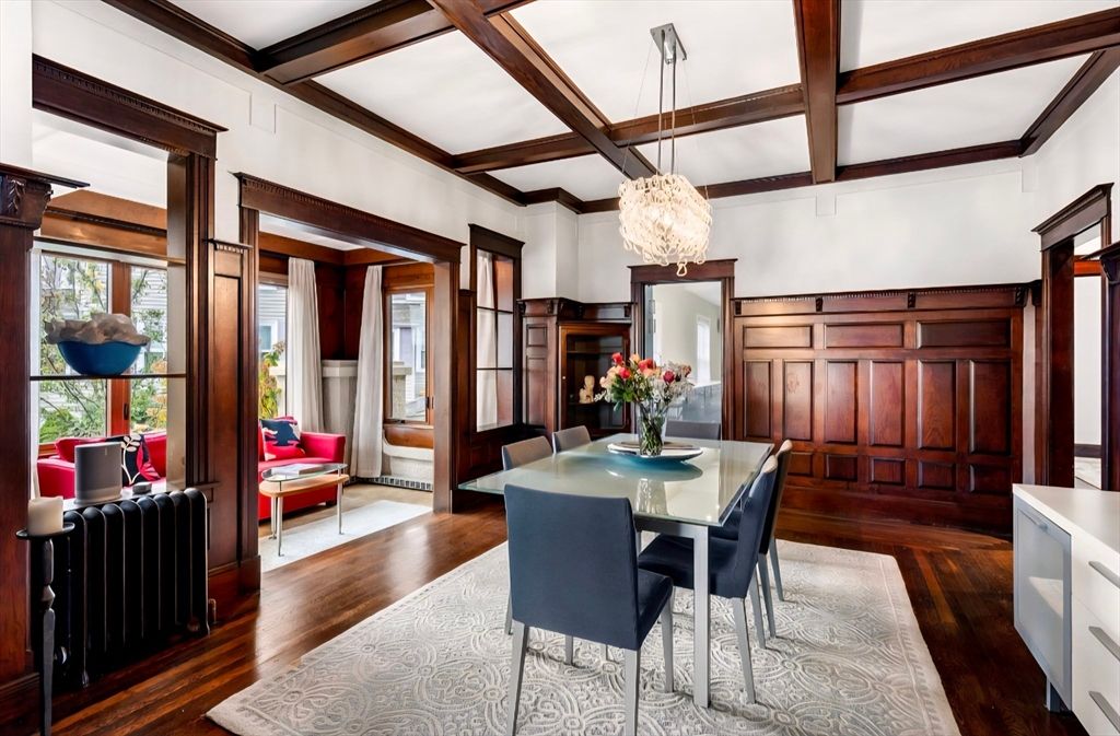 Dining room, Interior, Pendant Lights, Wooden Beams, Wood Texture Flooring