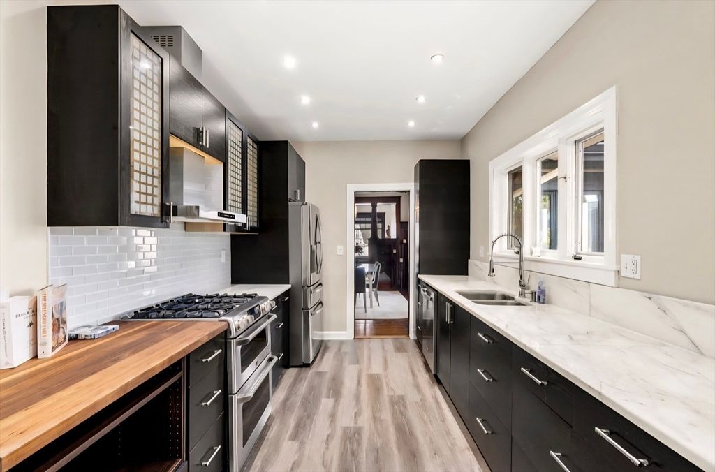 Interior, Kitchen, Recessed Lighting, Stainless Steel Appliances, Wood Texture Flooring