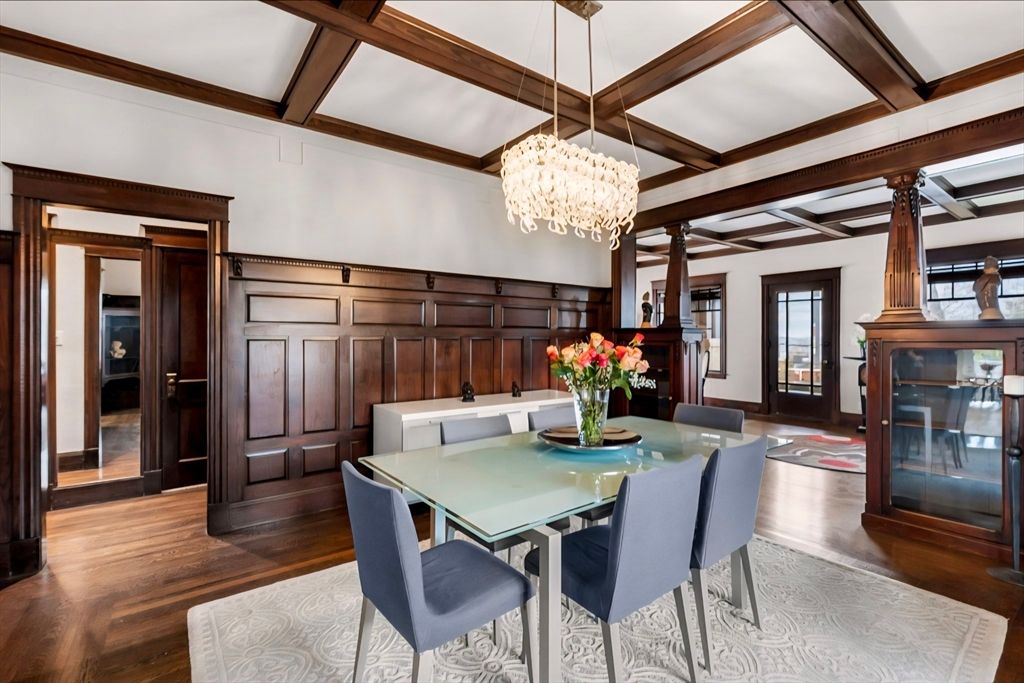 Chandelier, Dining room, Interior, Wooden Beams, Wood Texture Flooring