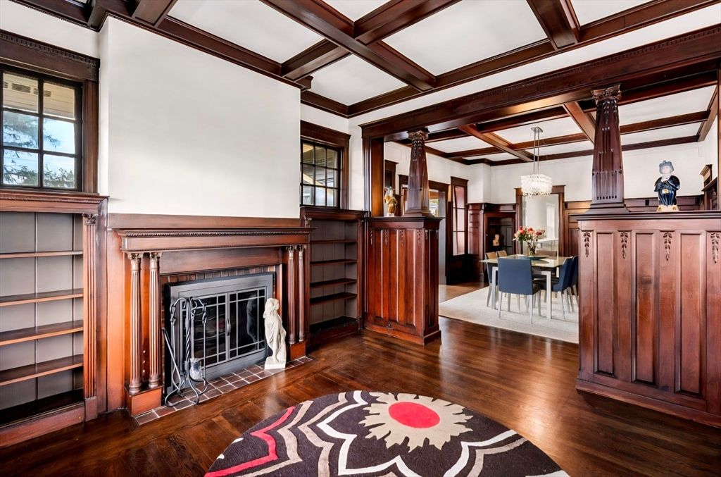Chandelier, Dining room, Fireplace, Interior, Pendant Lights, Wooden Beams, Wood Texture Flooring